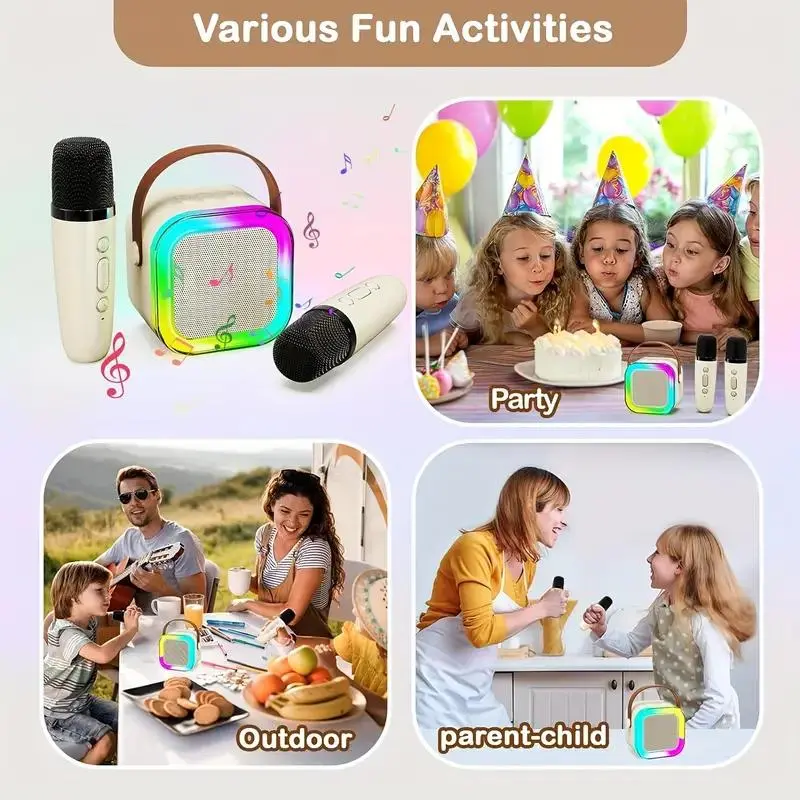 Portable Mini Karaoke Speaker with 2 Microphone, Rechargeable Wireless Outdoor Speaker with RGB Light, Home Singing Karaoke Wireless Outdoor Speaker, Remote Wireless Microphones, Colorful, Multifunction, Neon, Karaoke Machine, Adjustable 5
