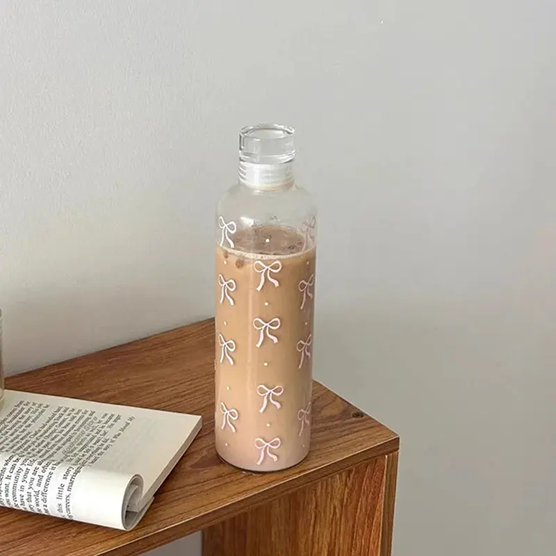 Bình Nước Nhựa, 500ML, Thiết Kế Hình Nơ Kawaii, Có Thang Đo Thời Gian, Trong Suốt, Thích Hợp Cho Các Môn Thể Thao Ngoài Trời Và Trường Học, Bình Nước Uống 5