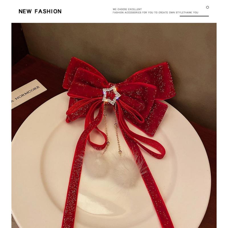 Product Introduction of Baby Costume Jewelry New Year's celebration red big bow gold velvet star hair clip hair accessory hair ball tassel headband top clip women autumn and winter 5