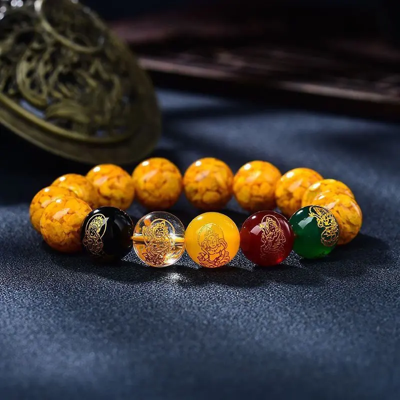 Yellow crystal body sand new five way God of Wealth bracelet, zodiac year male and female male, yellow real cinnabar walking at night