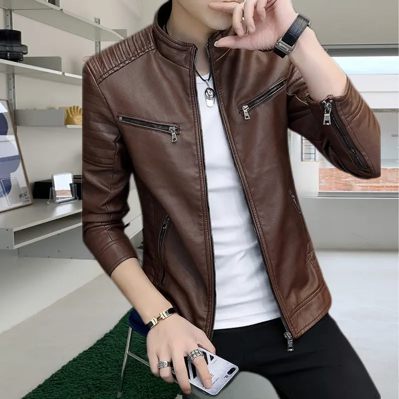 Áo Khoác Da Cao Cấp Cho Nam, Áo Khoác Đẹp Trai Dày Lót Lông Cừu Hợp Thời Trang, Dáng Ôm, Thường Ngày, Cho Biker, Mùa Xuân Và Mùa Thu, Mới， Menswear， Có Cổ ，Jacket