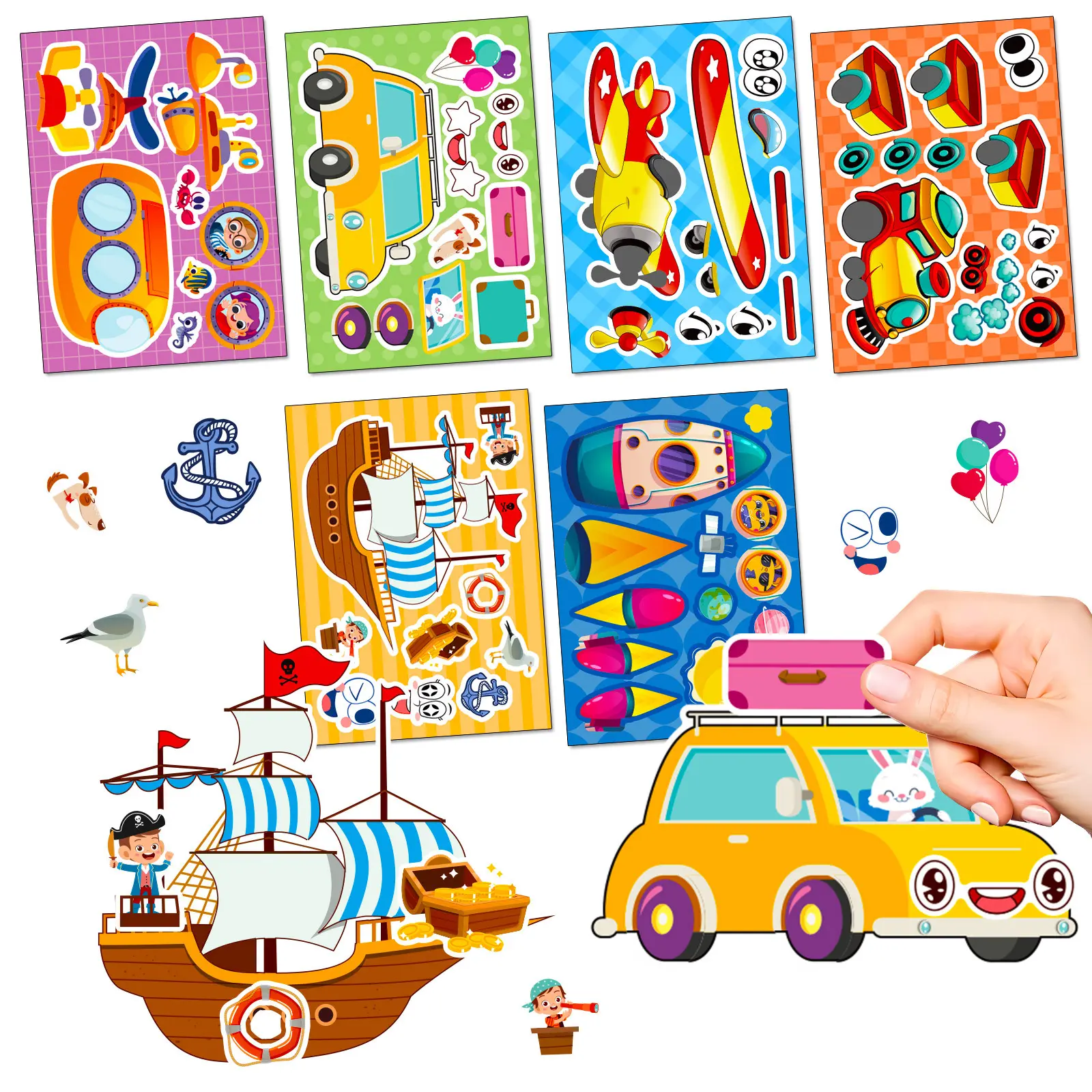 Big sale cross-border 6 pieces/pack transportation vehicles cute children's cartoon face-changing stickers puzzle DIY stickers