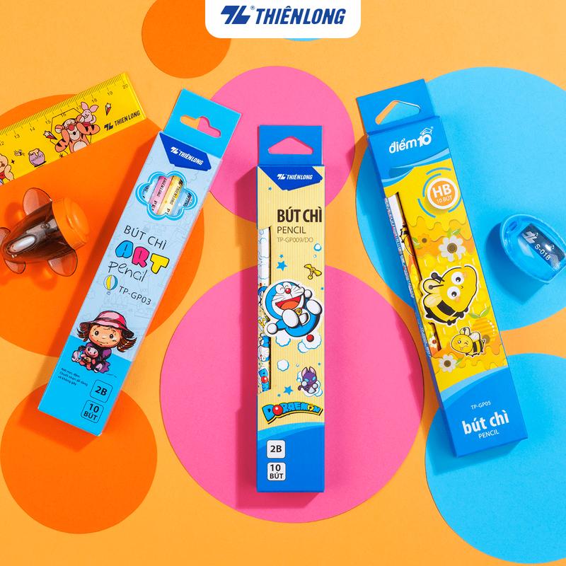 Hộp 10 bút chì HB, 2B lục giác Thiên Long dễ tẩy xóa, đa dạng kiểu dáng phù hợp học sinh, sinh viên, văn phòng