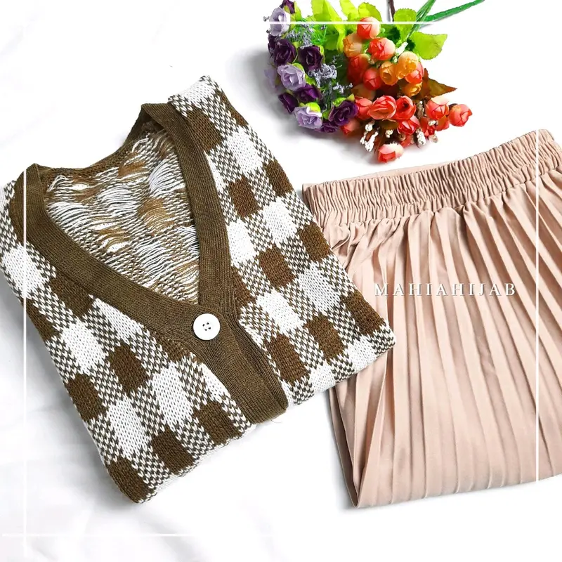 4in1 Setelan lengkap Yeji Cardi ( Cardi + Rok + Hijab ) Outfit Rajut Korean Style 8