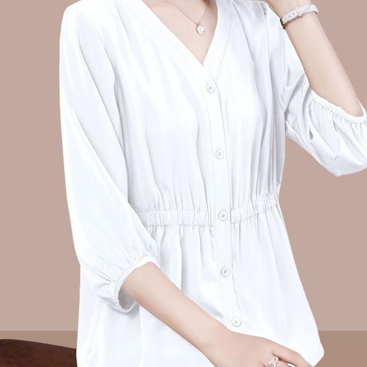 Product Introduction of OEMG Women's Shirt Loose plus Size Spring and Summer New Three-Quarter Sleeve Cinched Blouse Chiffon Shirt Belly-Covering Slimming Top 6