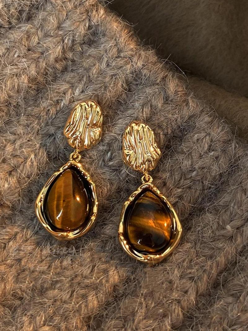 Product Introduction of Vintage Tiger Eye Stone Decorated Earrings Set, Elegant Geometric Design Earrings for Women, Trendy All-match & Exquisite Jewelry for Birthday Gift 7