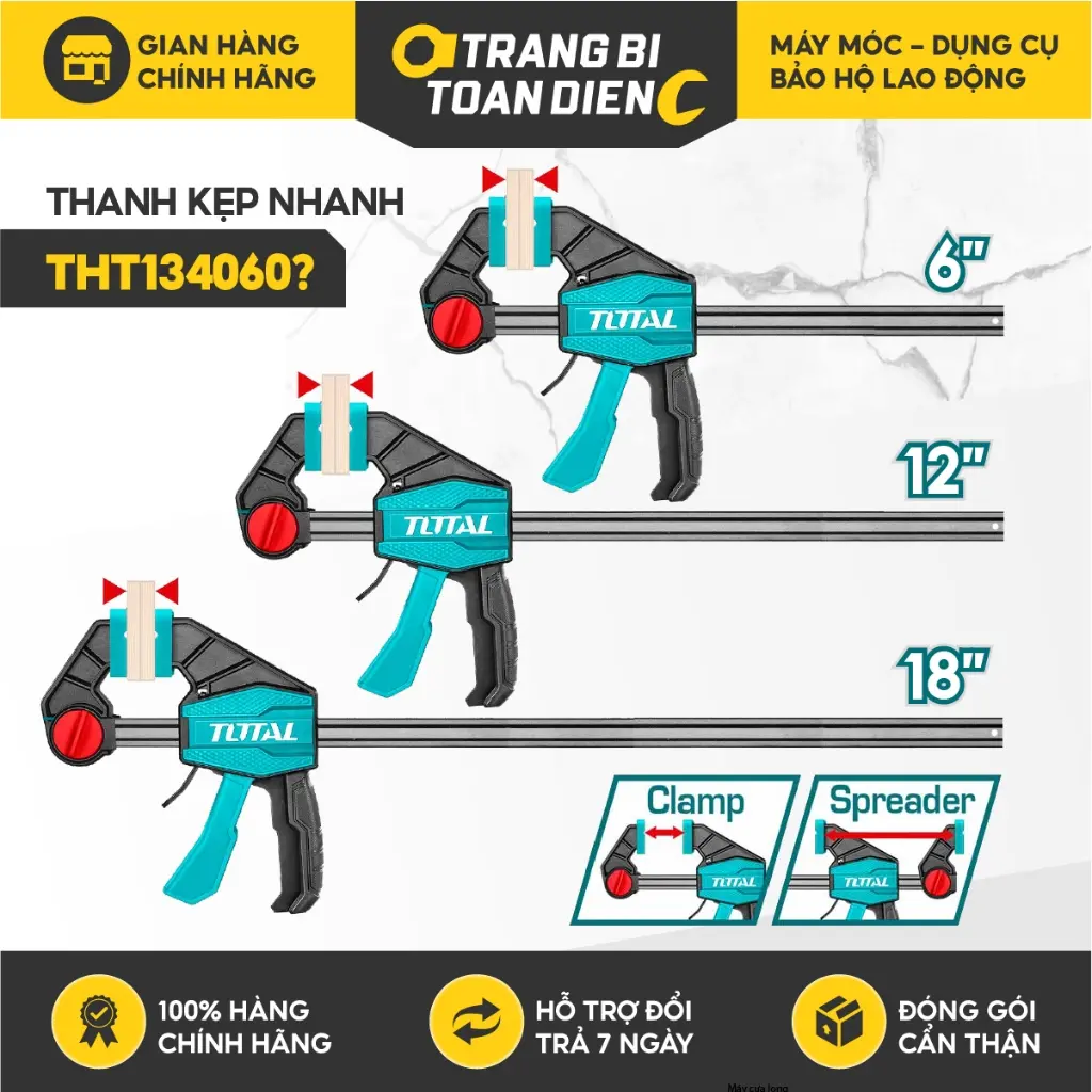 Kẹp gỗ TOTAL thanh kẹp nhanh, Kích thước 6 - 18 inch, Lực kẹp tối đa 60kg, Cảo nhanh chuyên kẹp cố định vật liệu