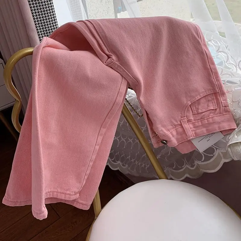 Quần Denim Cạp Cao Màu Hồng, Dành Cho Nữ, Ống Rộng, Kiểu Xếp Nếp, Phong Cách Hợp Xu hướng Cá Tính Dáng Rộng Vừa Vặn, Thích Hợp Cho Mùa Thu, Thời Trang Mới Năm 2025