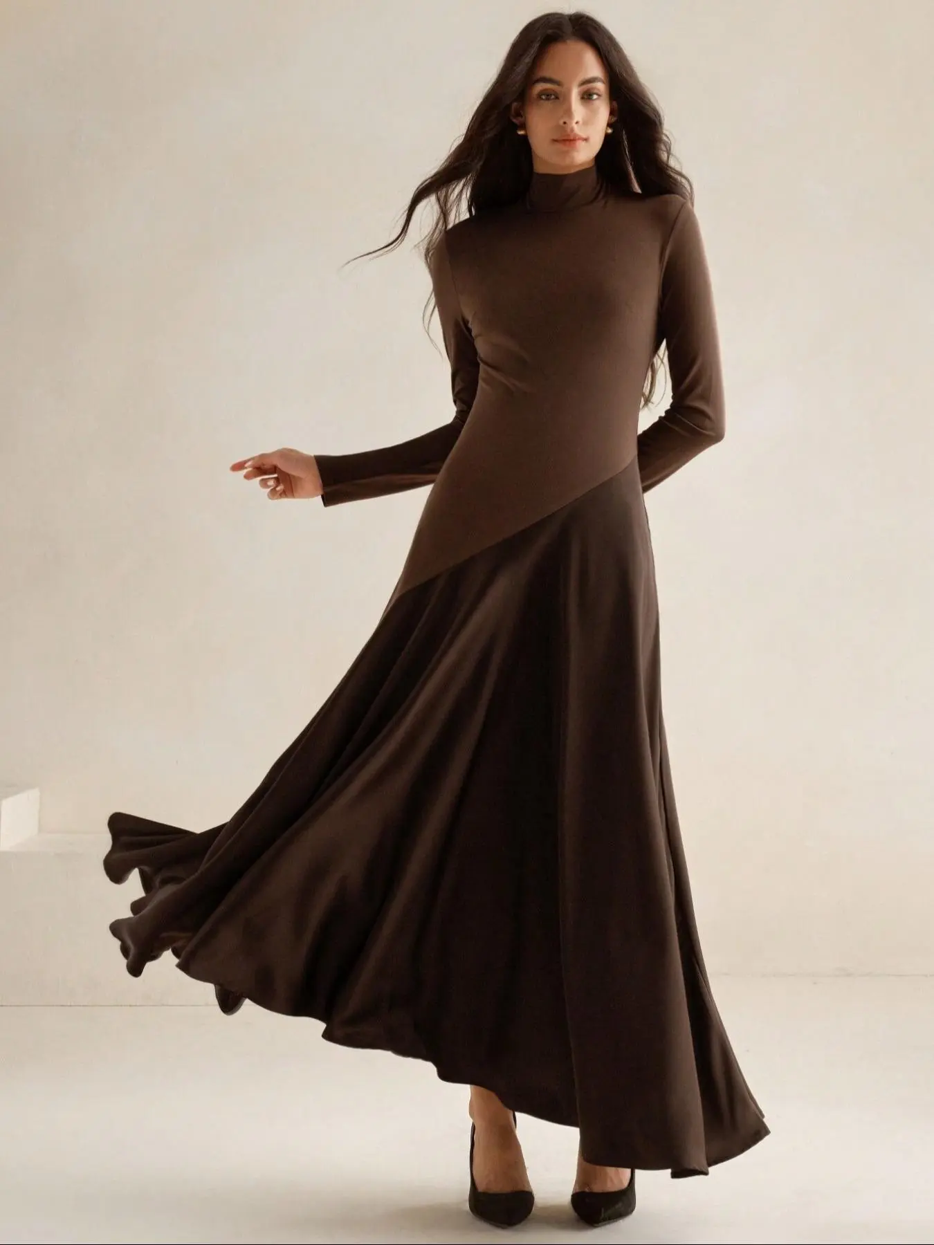 Women's Plain High Neck Long Sleeve Dress, Elegant Fashion Casual Long Dress for Daily Outdoor Wear, Women Dress for All Seasons