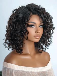 12 Inch Short Wavy Bob Wigs for Women, Gorgeous Fluffy Wigs without Bangs, Human Hair T Part Lace Wigs for Party, Daily Use