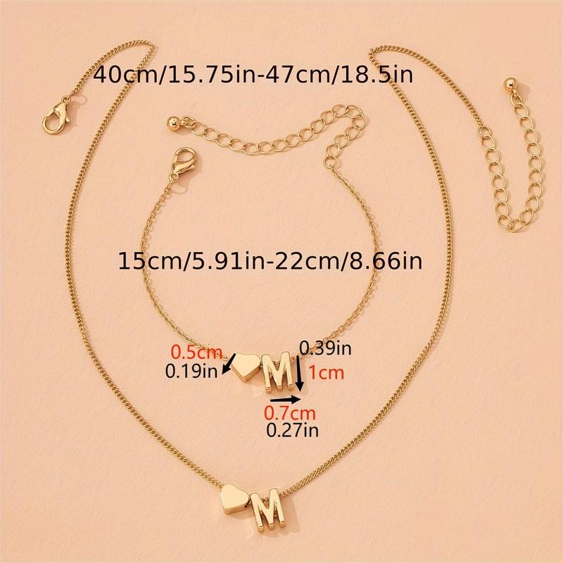 Product Introduction of Tiny Letter Pendant Necklace & Chain Bracelet With Heart Shape Pendant Lovely Jewelry Set 8