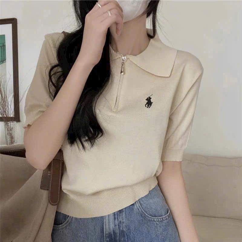 Áo polo nữ cộc tay thêu hình ngựa, áo len cổ bẻ có khóa kéo Renee Store - AL2184 Kem Women