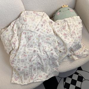 ชุดนอนฤดูร้อน สำหรับผู้หญิง ผ้าฝ้ายคลาวด์ รู้สึก กางเกงขาสั้นแขนสั้น ชุดบาง สไตล์อิน สาวหวาน เหมาะสำหรับใส่อยู่บ้าน สามารถสวมใส่ได้นอกบ้าน