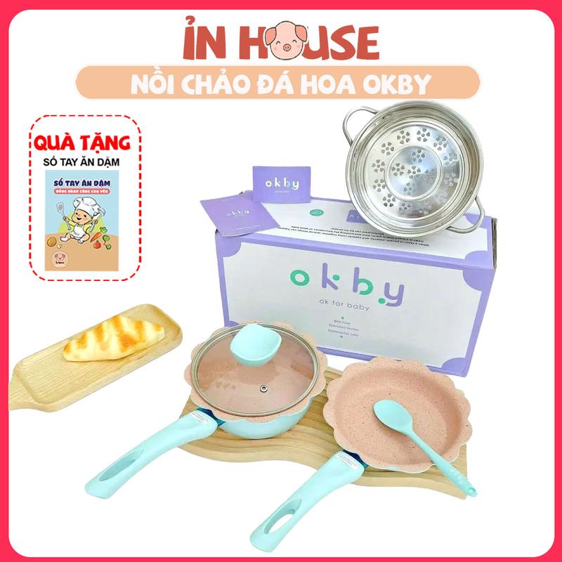 BỘ NỒI CHẢO ĐÁ OKBY chống dính hình bông hoa size 16cm tặng kèm vá silicon
