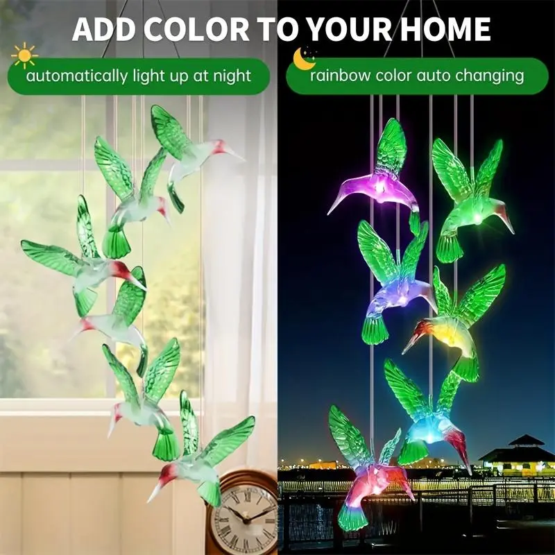 Solar Wind Chimes, Solar Color-changing Hummingbird Wind Chimes, Suitable for Garden Patio Decoration, Souvenir Gifts for Family and Friend 5