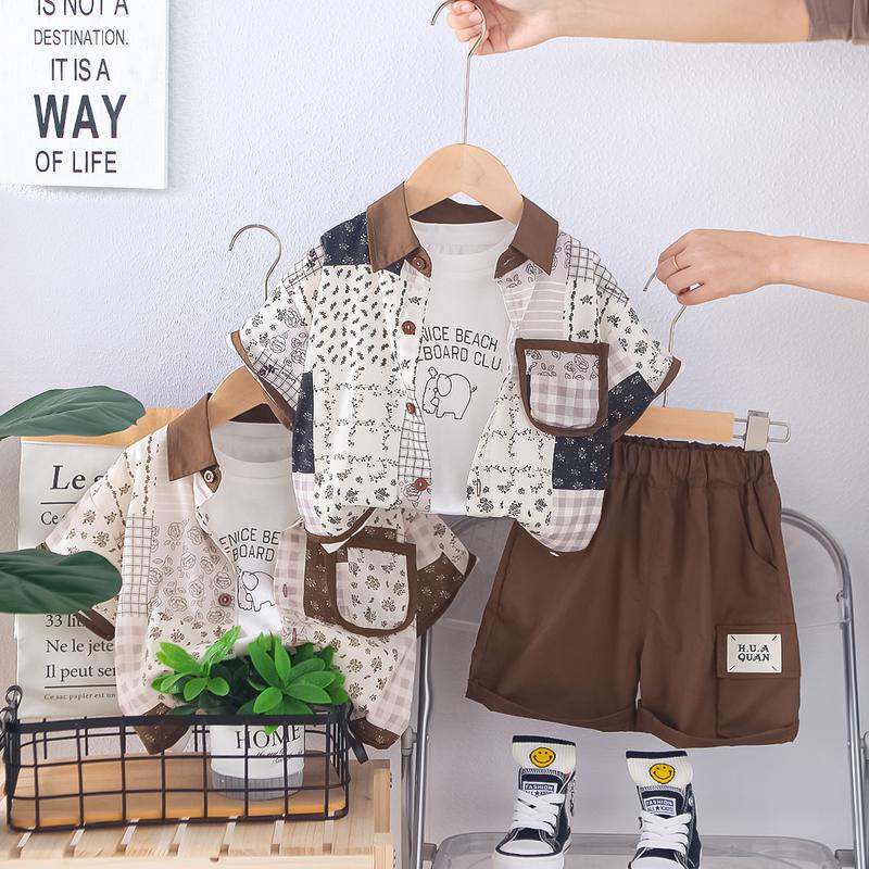 Product Introduction of New Style Boys' Summer Fashion Full Print Floral Shirt Short Sleeve Three-Piece Set Trendy 2025 Boys' Summer Outfit 1