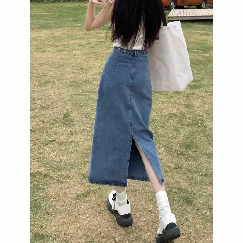 High waist slit denim skirt women 2024 new spring and summer small a-line skirt retro hip-wrapped midi skirt