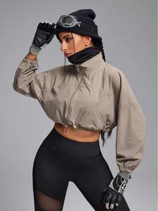 Women's Solid Drawstring Zip Up Crop Sports Jacket, Casual Sporty Long Sleeve Pocket Outerwear for Fall & Winter, Women's Sportswear for Indoor Outdoor Wear, Winter Coats