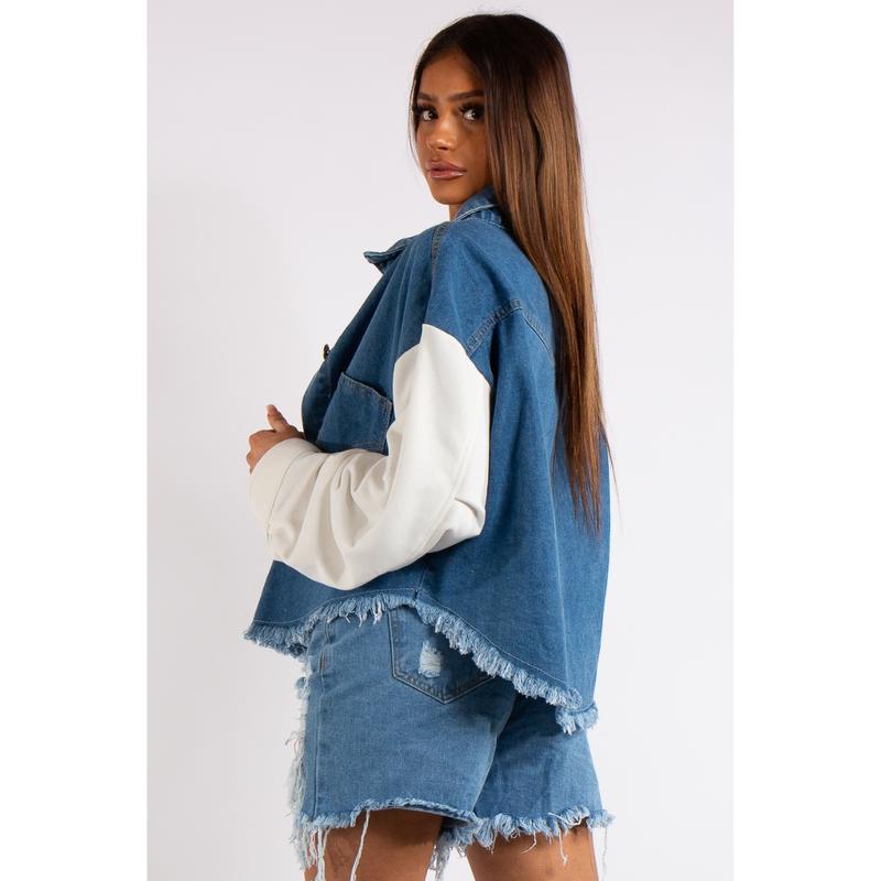 Blue Denim & Jersey Sleeve Combo Frayed Denim Jacket - Raina 2