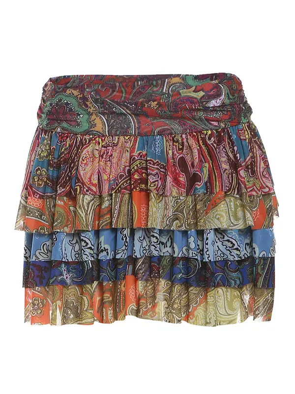Women's Patchwork Print Tiered Layer Mesh Skirt, Casual Fashion Short Skirt for Daily Holiday Vacation Wear, Ladies Bottoms for Summer, Womenswear 2