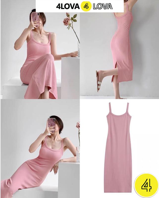 Váy Đầm Body Hai Dây Bản To, Xẻ Sau 4LOVA Chất Len Tăm Co Giãn, Đầm Len Tăm Dáng Dài Xẻ Sau Sang Trọng Quyến Rũ EVA-VBD0167 Đầm Ôm Body Tôn Dáng Váy Body Nữ Dress Nhung Women