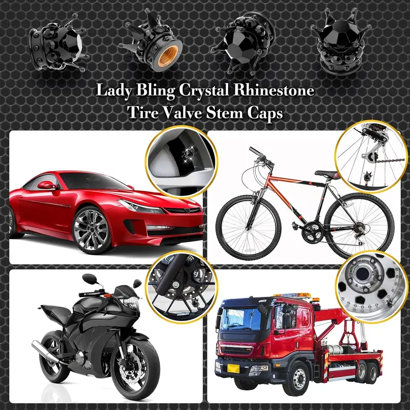 Tire Valve Stem Caps, 4 Pcs Lady Bling Tire Valve Stem Caps, Heavy-Duty Handmade Gril Crystal Rhinestone Crown Vehicle Car Tire Caps Covers for Women Cars Trucks Bikes (Black Rhinestone) 2
