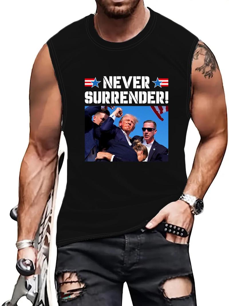 Product Introduction of 【Plus Size】 Men's Letter & Figure Print Round Neck Tank Top, Loose Casual Sleeveless Top for Summer, Men's Clothing for Daily Wear 1