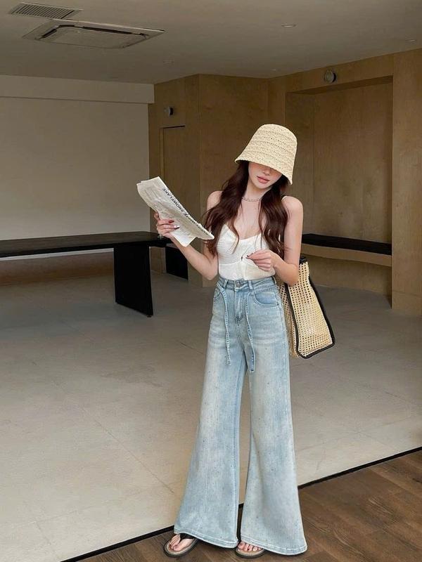 (QB519) Quần jean ống rộng loe màu mài ánh bạc cạp phối dây MAIDO TRENDY Nữ Pants 5