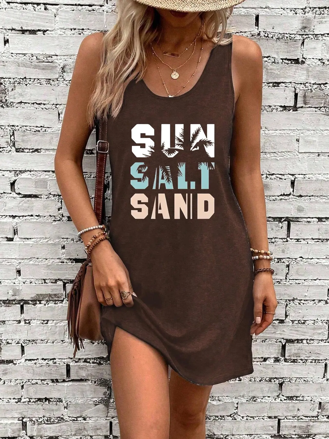 Women's Sun Salt Sand Print Round Neck Tank Dress, Casual Sleeveless Short Dress for Beach Holiday Vacation, Summer Clothes, Ladies Clothes for All Seasons, Women's Clothing