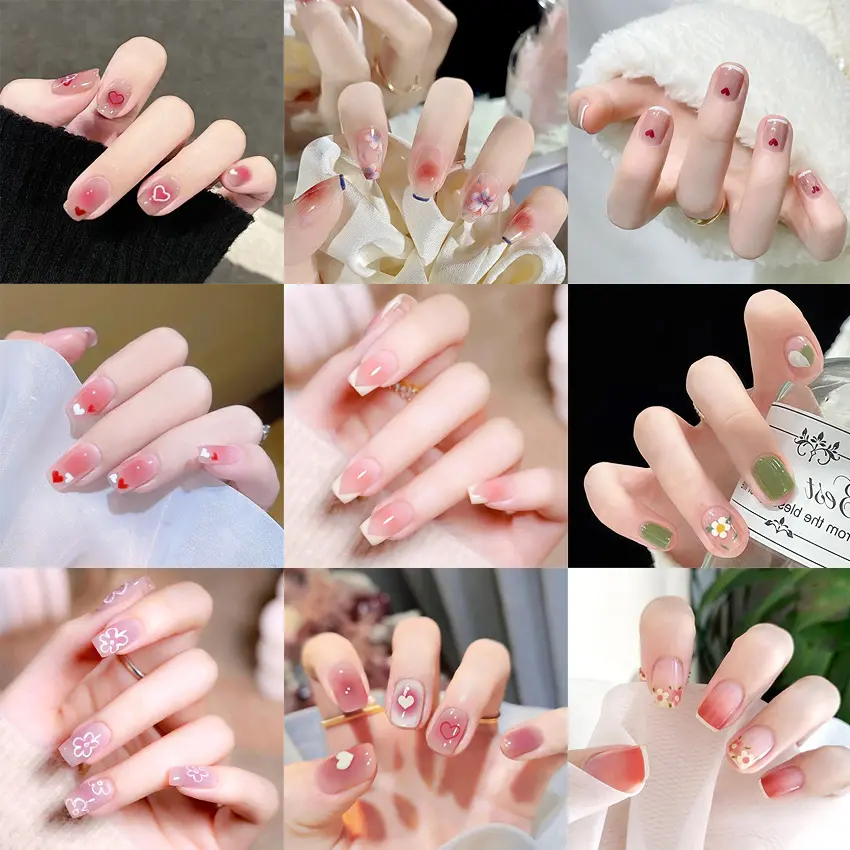 [READY STOCK IN MALAYSIA] 24Pcs/Box Fashion Fake Nails Finished Nail Patch Wearable Nails Nude Color French Style Fake Nail Tips Nail Stickers Finished 24 Nail Tips Heart Gradient Color