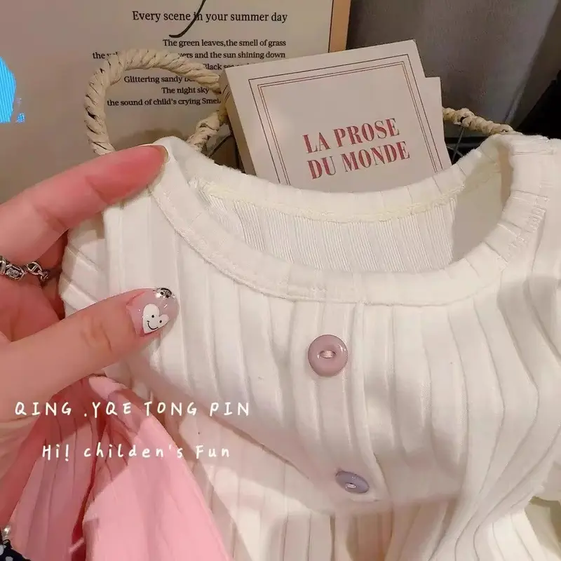 Áo Thun Bé Gái, Ren Cho Bé Gái, Đầu Mềm, Thích Hợp Cho Mùa Xuân Và Mùa Thu, Khóa Màu Cho Trẻ Em, Thiết Kế Ruồi Giả, Tay Áo Dài, Phong Cách Hàn Quốc Thời Trang, Thích Hợp Cho Bé Gái 2
