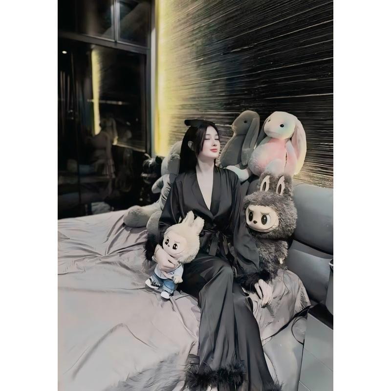 Đồ bộ mặc Pijama nữ nhà Osexy đính lông kiểu dáng kimono kèm dây cột tiện dụng hợp thời trang 6