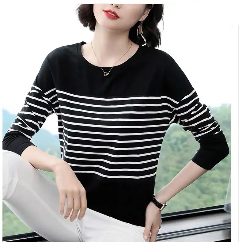 Áo Thun Dài Tay, Dành Cho Phụ Nữ Trung Niên, Cỡ M-5XL, Quần Áo Mùa Thu Cho Mẹ, Áo Sơ Mi Lớp Cơ Sở Dáng Rộng, Hàng Mới Về 2024, Áo Quần Áo Mùa Thu Sọc 3