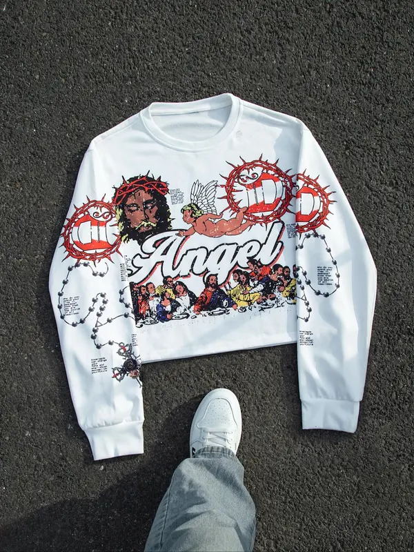 Men's Cartoon & Letter Print Round Neck Sweatshirt, Regular Fit Casual Fashion Long Sleeve Pullover for Fall & Winter, Men's Clothes for Daily Wear 1