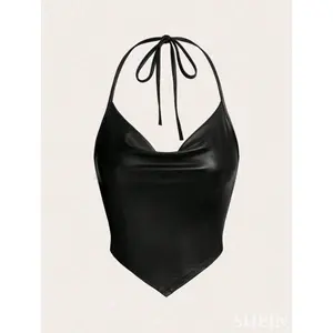 SHEIN Coolane Draped Front Tie Backless Halter Top-Black Faux Leather