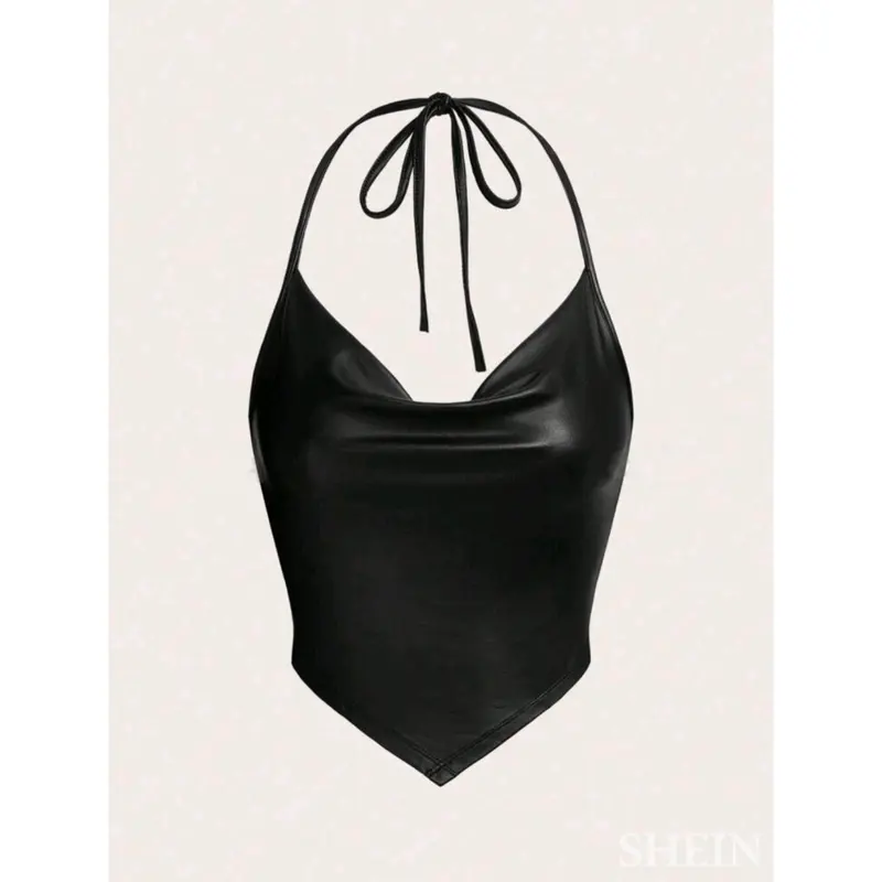SHEIN Coolane Draped Front Tie Backless Halter Top-Black Faux Leather Black  L
