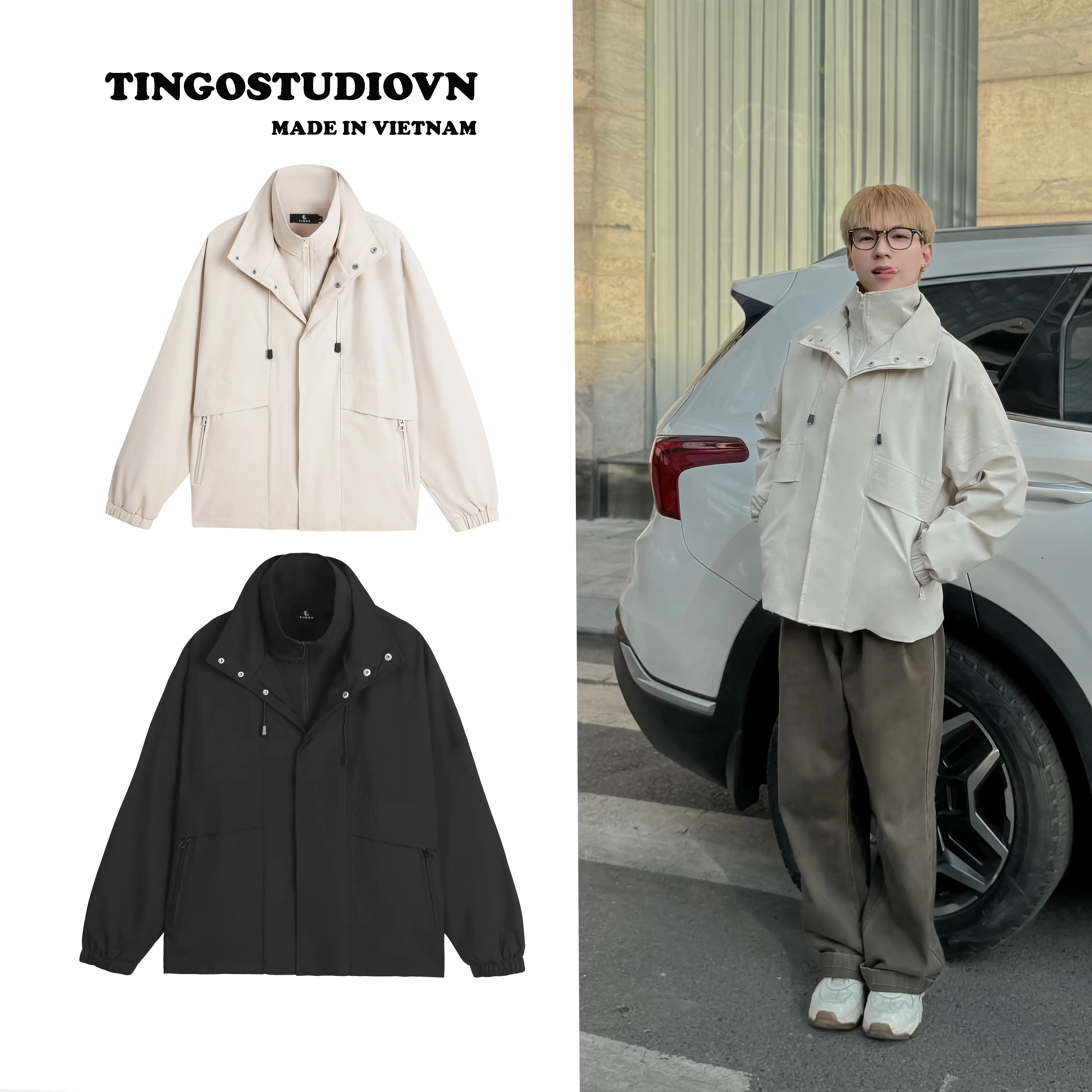 Áo khoác gió Nam 2 cổ hàn quốc TINGO from rộng basic vải chống nhăn Menswear Jacket, unisex phong cách