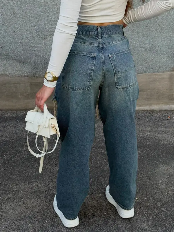 Women's Ripped Denim Jeans, Y2k Casual Fashion Baggy Pants for Daily Wear, Ladies Bottoms for All Seasons, Womenswear 4