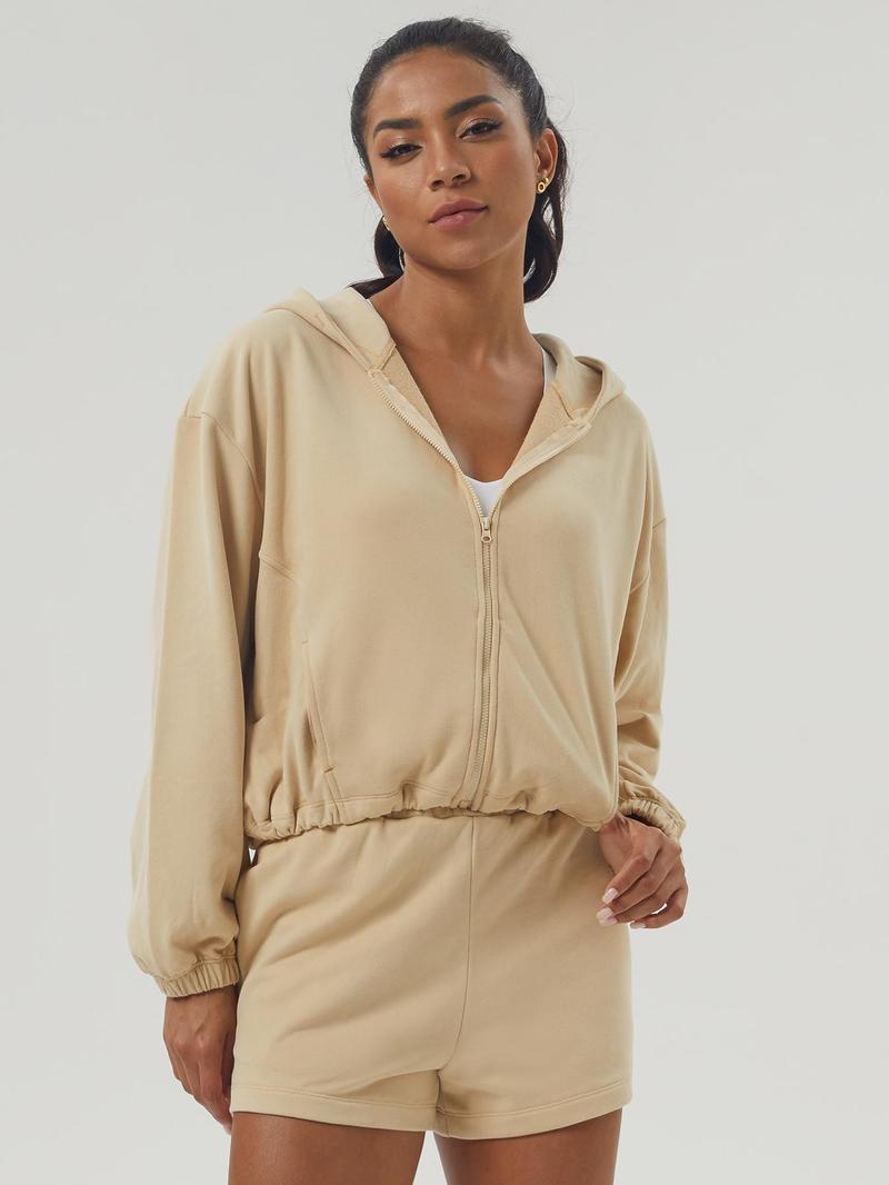 Product Introduction of Women's Solid Color Zip Up Hooded Sweatshirt & Drawstring Waist Shorts Sports Sweat Set, Casual Long Sleeve Zip Front Outerwear & Shorts, Ladies Sportswear for Indoor Outdoor Wear, Tracksuit 3