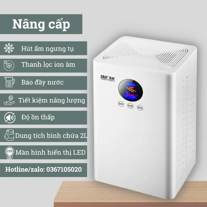 Máy hút ẩm gia đình, phòng ngủ mini SAST CG-982 - Bảo hành 3 tháng - Máy hút ẩm không khí chống nồm, ẩm mốc thông minh, độ ồn thấp, dung tích chứa 2l, tiết kiệm năng lượng