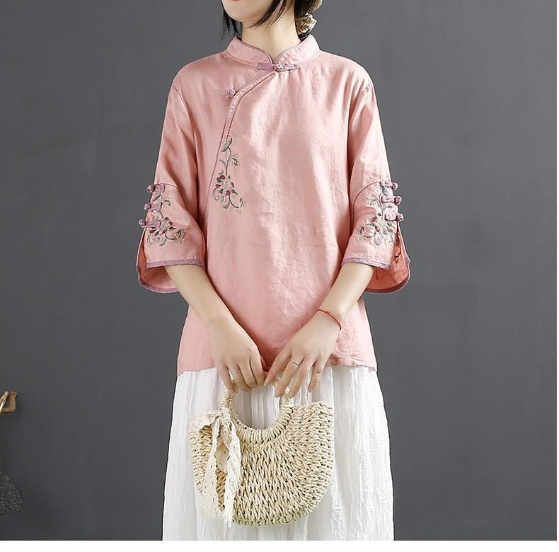 Product Introduction of Oemg2024 Summer New Chinese Style Retro Cotton and Linen Shirt Women's Chinese Style Stand-up Collar Frog Button Top Embroidered Cotton Tea Clothes 20