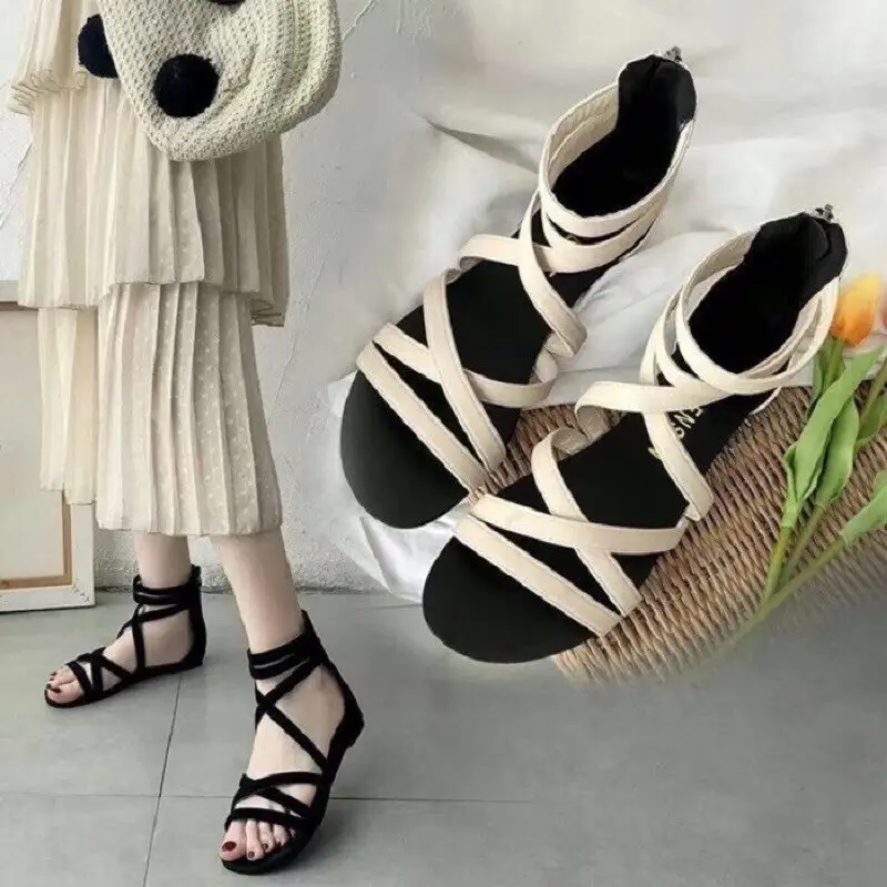 Giày sandal đế bệt quai chiến binh khoá kéo da lộn