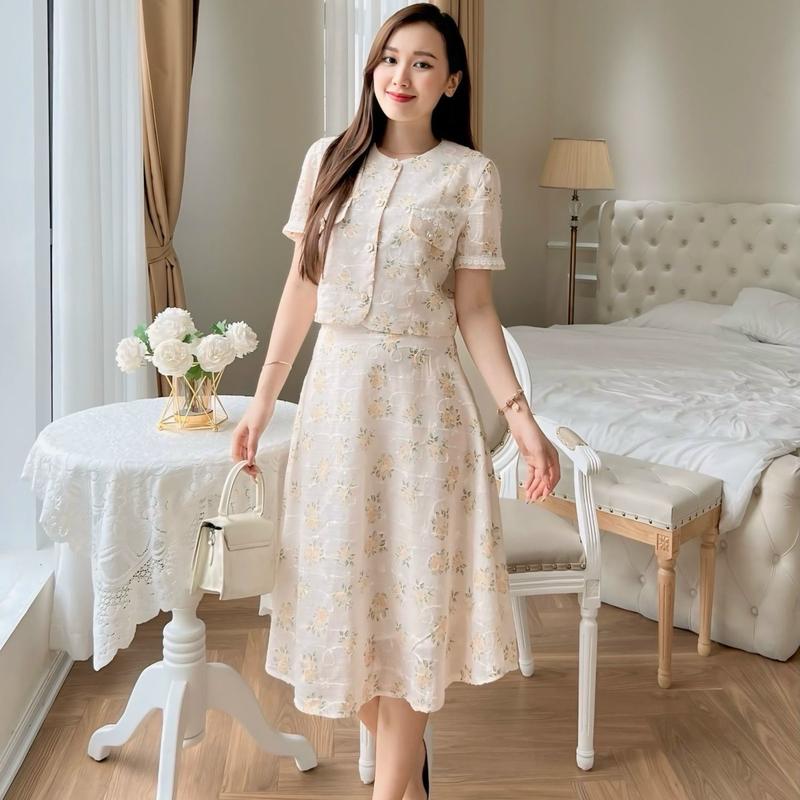 Lita set bộ váy kèm áo hoa vàng cổ tròn tay ngắn mặc đi làm đi tiệc thanh lịch sang trọng V092 Nữ Women Voan Kem Dress 0