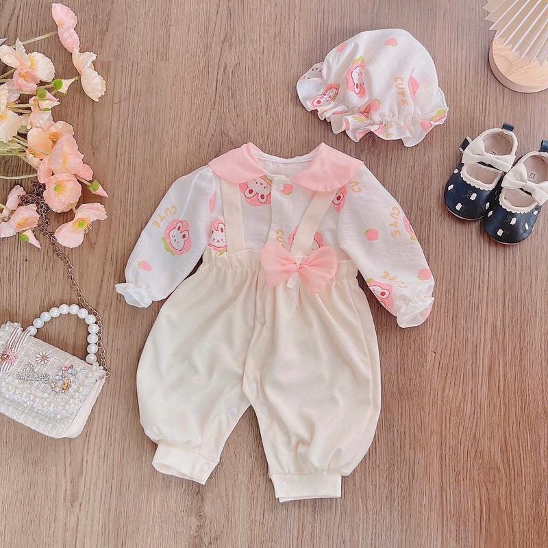 Bodysuit Cho Bé Dài Thân Chất Thun Tổ Ong Kem Phối Thân Đũi Hoạ Tiết Thỏ Hồng Kèm Mũ Xinh Xắn, Body Cho Bé 4-11kg
