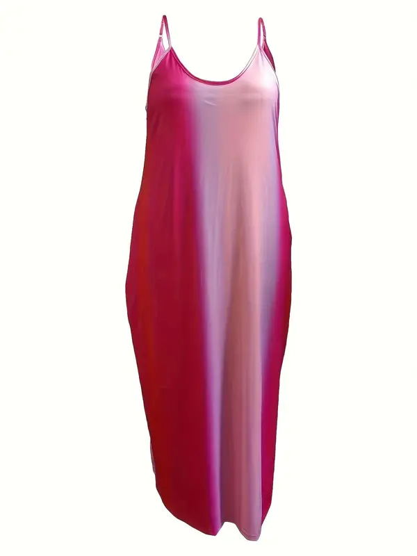 Plus Size Colorblock Backless Cami Dress, Casual Sleeveless Spaghetti Strap Long Dress for Summer, Women's Clothes for Beach Holiday 5