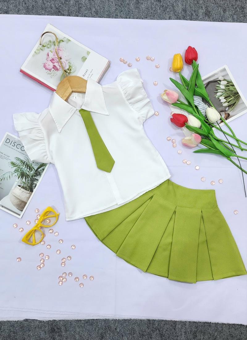 Product Introduction of (9-30kg) Set áo sơ mi tay cánh tiên + cà vạt vải lụa mềm + chân váy xếp ly chất vải tuyết mưa mềm mịn 11