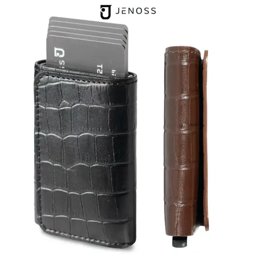 Ví Thông Minh Manda Box Đựng Thẻ Tự Động Da Nam Cao Cấp, Bóp Da Bò Thật Dập Vân Cá Sấu Gập Ba Mini Gắn Chính Hãng Jenoss Wallet