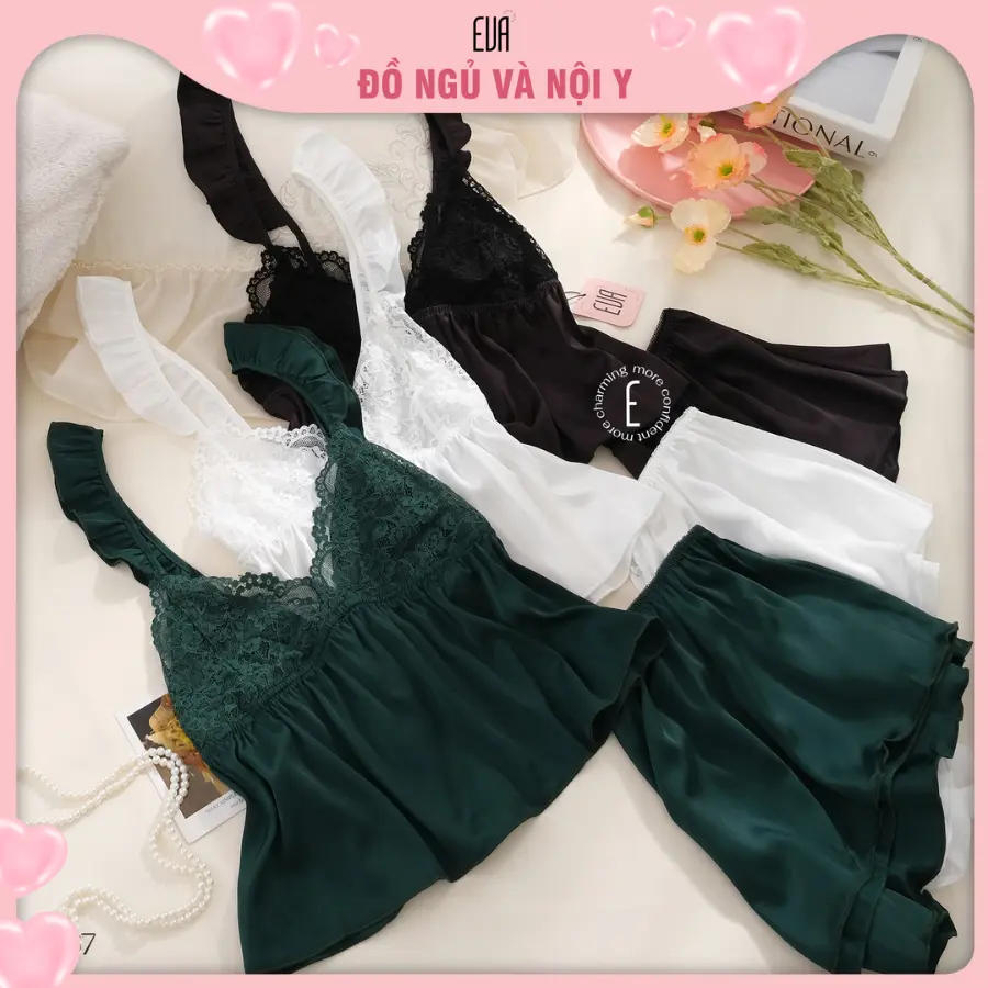 EVA Store - Bộ ngủ 2 dây ngắn cánh tiên B567 chất liệu lụa satin mềm mại mát mẻ phong cách mùa Hè dành cho Nữ - Một kích thước - 3 màu sắc