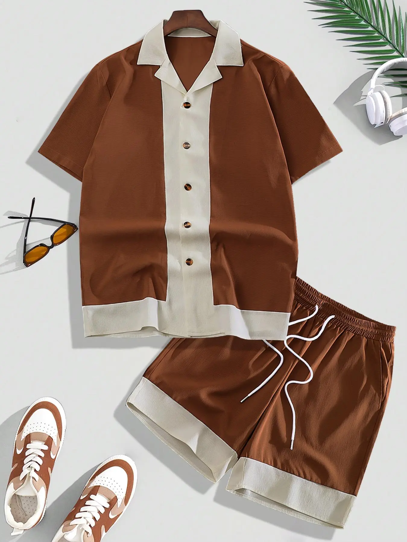 Men's Colorblock Short Sleeve Shirt & Drawstring Waist Shorts Two-piece Set, Regular Fit Casual Button Up Top & Track Shorts, Summer Outfits Clothes Set for Men