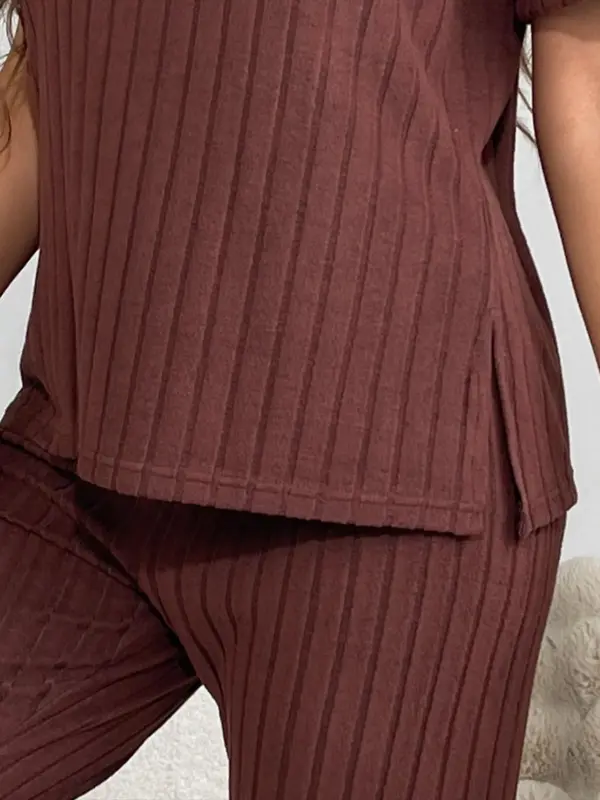 Women's Solid Ribbed Drop Shoulder Tee & Pants Pyjama Two-piece Set, Casual Comfy Split Hem Short Sleeve Top & Trousers Pj Set, Ladies Sleepwear for All Seasons 6